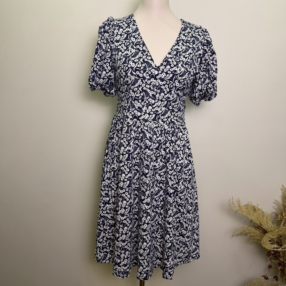 BODEN Floral Jersey Cutout Back Dress Womens US 6L UK 10L Navy Blue White Midi